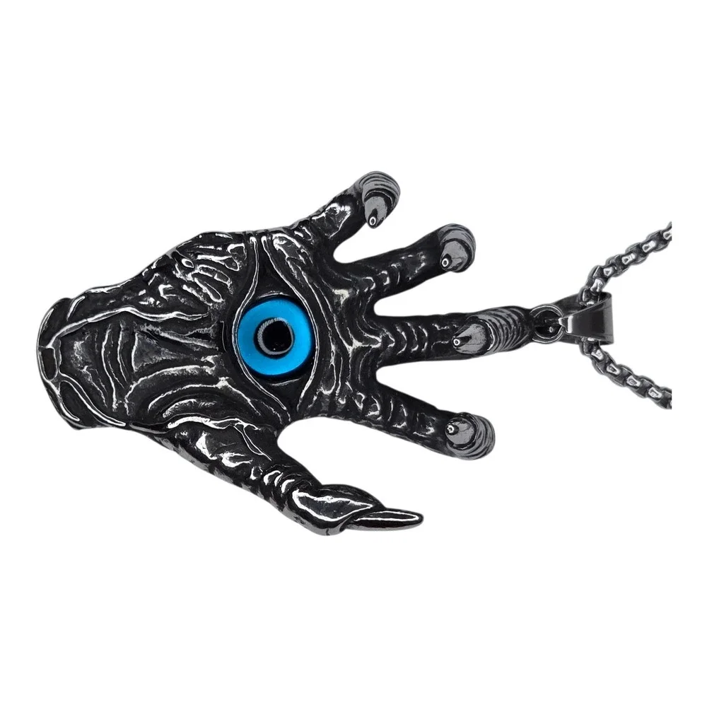 Vintage Monster Hand Necklace Metal Silver Tone Evil Eye Goth Punk Pendant